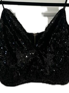 Entry Black Sequined Zip-Back Crop Top